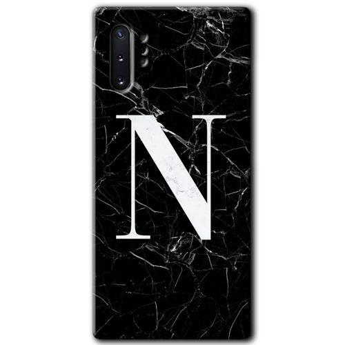 Samsung Galaxy Note 10 Plus Kılıf HD Desen Baskılı Arka Kapak - Siyah Mermer Desenli N Harfi