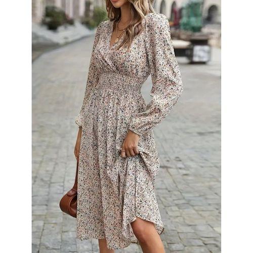 Kadın Uzun Kollu Kruvaze Yaka Beli Lastikli Kiloş Desenli Midi Süprem Elbise