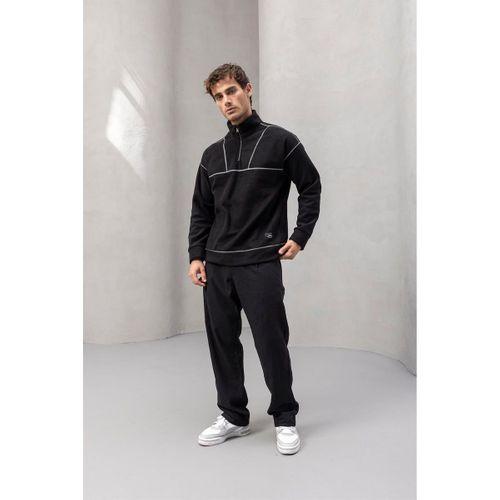 Crowe Şerit Detaylı Yarım Fermuar Polar Sweatshirt Siyah - Bezayağı Kumaş Pantolon Siyah