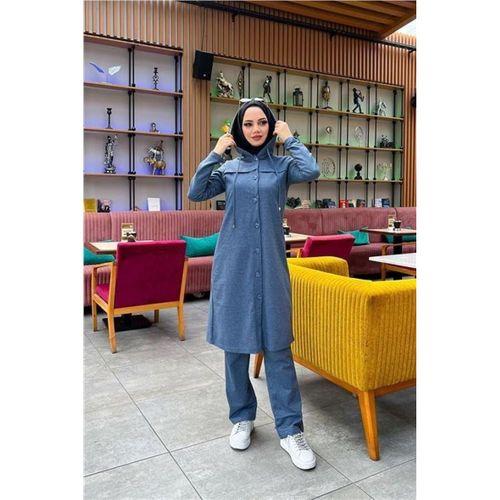 Kapşonlu Düğmeli Sade Basic Uzun Tunik ve Pantolon İkili Spor Takım - 03072.006 - İndigo
