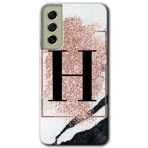 Samsung Galaxy S21 FE Kılıf Baskılı Kapak - Pembe Mermer Desenli H Harfi + 5D Tam Kaplayan Cam