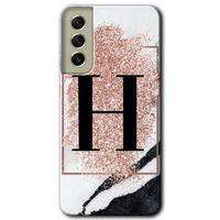 Samsung Galaxy S21 FE Kılıf Baskılı Kapak - Pembe Mermer Desenli H Harfi + 5D Tam Kaplayan Cam