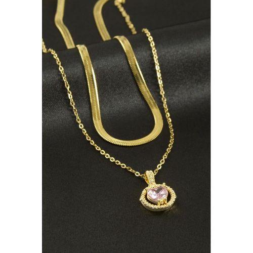 Kalp Zirkon Taşlı Çelik İkili Kolye