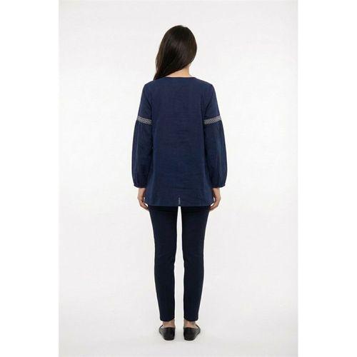 Uzun Kol Dicle Bağcıklı V Yaka Yazlık Şile Bezi Tunik Lacivert Lcvt