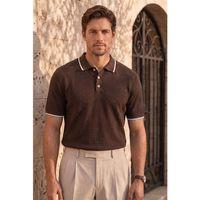 Balzac Yakası Şeritli Düğmeli Polo Yaka Basic Günlük Petek Örgü Triko Erkek T-Shirt - Kahve