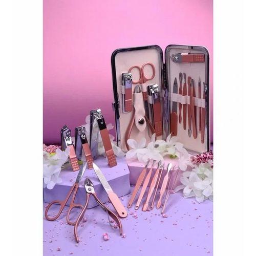 Profesyonel Çantalı Tırnak Bakım Manikür Seti Pembe Renk 12 Parça