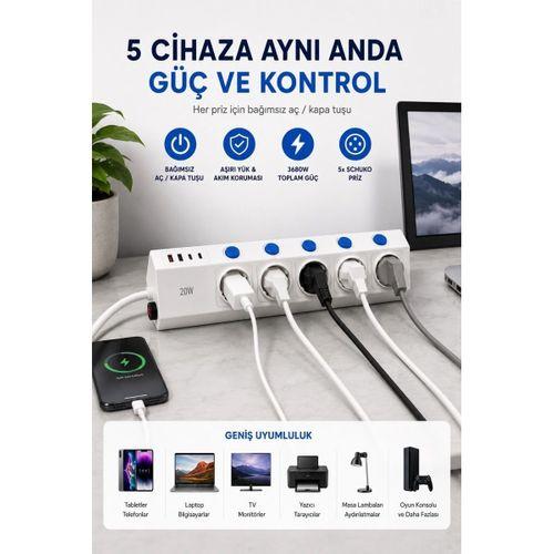 5’li Akım Korumalı Çoklu Priz 2 Metre Kablolu 3680w 16a 5 Anahtarlı 2usb-a 2 Usb-c Pd 20w Hızlı Ftr-28
