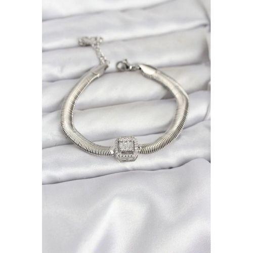 316L Çelik Gümüş Renk Baget Zirkon Taşlı Yılan Zincirli Kadın Bileklik