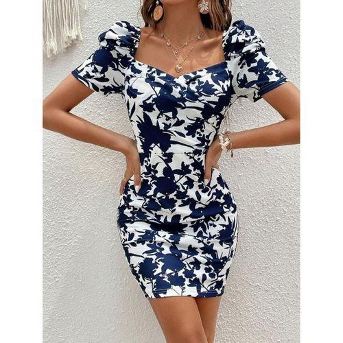 Kadın Kısa Kollu Kruvaze Yakalı çiçek Baskılı Süprem Elbise