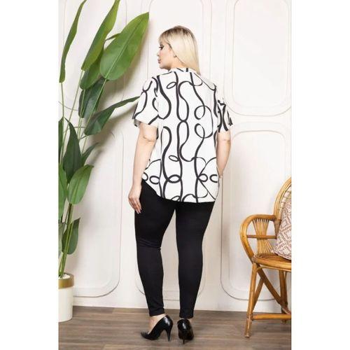 Desenli Püsküllü Viskon Bluz Bebe Yaka Kısa Kollu Big Size Rahat Kesim - Desenli