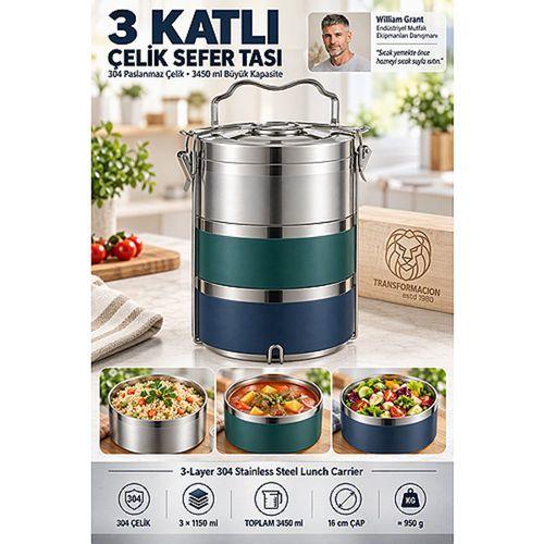 3 Katlı Sefer Tası Vakumlu Sızdırmaz Yemek Taşıma Kabı 16 cm Termos Beslenme Kutusu 19/10 SUS 304 Paslanmaz Çelik 723759