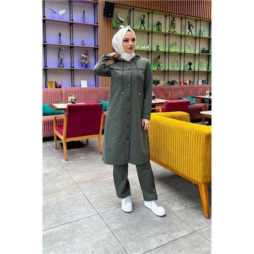 Kapşonlu Düğmeli Sade Basic Uzun Tunik ve Pantolon İkili Spor Takım - 03072.005 - Haki