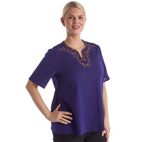 Şile Bezi Kısa Kol Mor Nakışlı V Yaka Yazlık Otantik Bluz