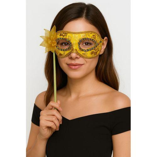 Lüks Taşlı Saplı Maskeli Balo Maskesi Altın Renk 35 cm (3748)