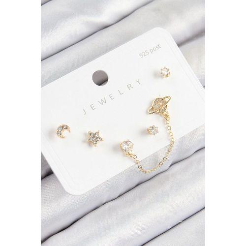Pirinç Zirkon Taşlı Yıldız Ve Gezegen Model Gold Renk 925 Ayar Gümüş Çivi Kadın Küpe Set