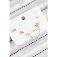 Pirinç Zirkon Taşlı Yıldız Ve Gezegen Model Gold Renk 925 Ayar Gümüş Çivi Kadın Küpe Set