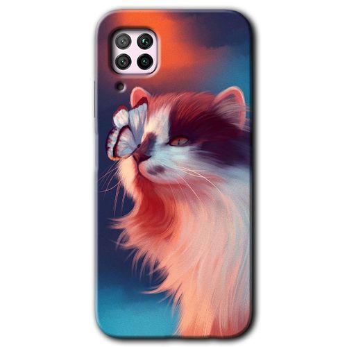 MRCİLETİSİM Huawei P40 Lite Kılıf Baskılı Kapak - Cat Butterfly + 5D Tam Kaplayan Cam