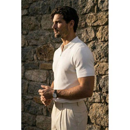 Jeff Selanik Örgü Polo Yaka Yarım Fermuarlı İnce Triko Erkek T-Shirt - Ekru