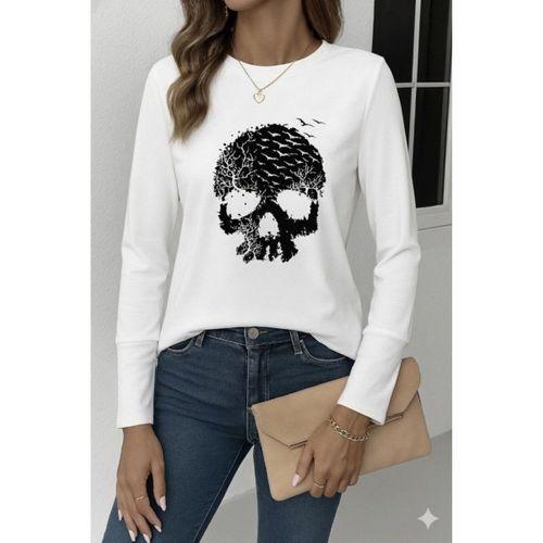 Kadın Uzun Kollu Bisiklet Yaka Kurukafa Desenli Viskon Bluz