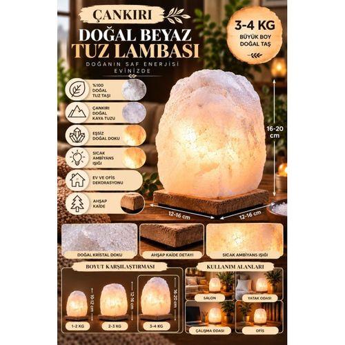 Çankırı 3-4 Kg Beyaz Doğal Kaya Tuzu Lambası Ahşap Kaideli Dekoratif Lamba