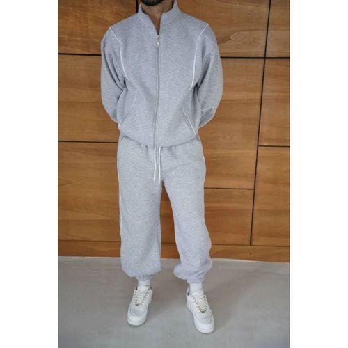 Erkek Premium Parçalı Eşofman Takım - Dik Yaka Fermuarlı Biyeli Sweatshirt Lastik Paça Alt, Oversize 3 Iplik Şardonlu - Gri