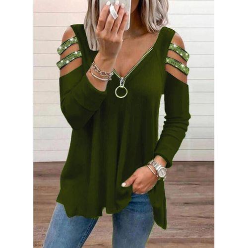 Kadın Haki Kolları Taş Işlemeli Uzun Kol Fermuarlı Viskon Bluz