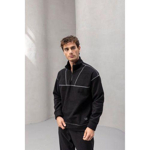 Crowe Çizgi Şeritli Oversize Yarım Fermuar Polar Erkek Sweatshirt - Siyah