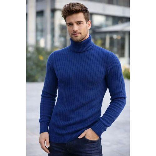 Erkek Balıkcı Yaka Bağazlı Triko Kazak Pamuklu Kalın Fitilli Dokuma, Regular Fit Uzun Kollu Kışlık Model - İndigo