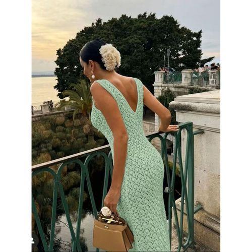 Kadın Askılı V Yakalı Uzun Triko Elbise