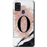 Galaxy A21s Kılıf HD Desen Baskılı Arka Kapak - Pembe Mermer Desenli O Harfi + Kırılmaz Cam