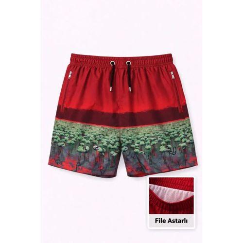 Erkek Deniz Şortu Fermuarlı Cepli File Astarlı Hızlı Kuruyan Premium - Kırmızı