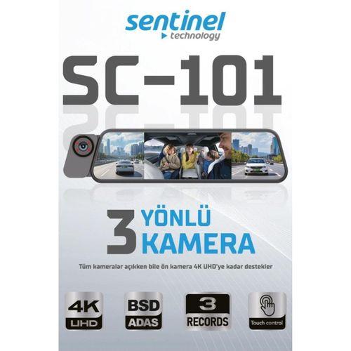 Sentinel SC-101 4K UHD Ayna Tipi Araç Kamerası | 3 Yönlü Kamera, Dahili Wi-Fi, G-Sensor, 24 Saat Park Modu, ADAS & BSD