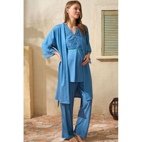 Sıfır Kol V Yaka Kadın Viskon Düz Yazlık Uzun Dantel Detaylı Hamile Pijama Takımı Sabahlık
