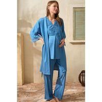 Sıfır Kol V Yaka Kadın Viskon Düz Yazlık Uzun Dantel Detaylı Hamile Pijama Takımı Sabahlık