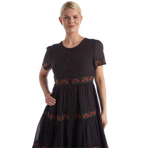 Kısa Kol Siyah Bisiklet Yaka Nakışlı Otantik Vual Kısa Elbise