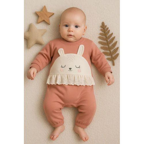 Tavşan Nakışlı Güpürlü % 100 Pamuk Kız Bebek Tulum