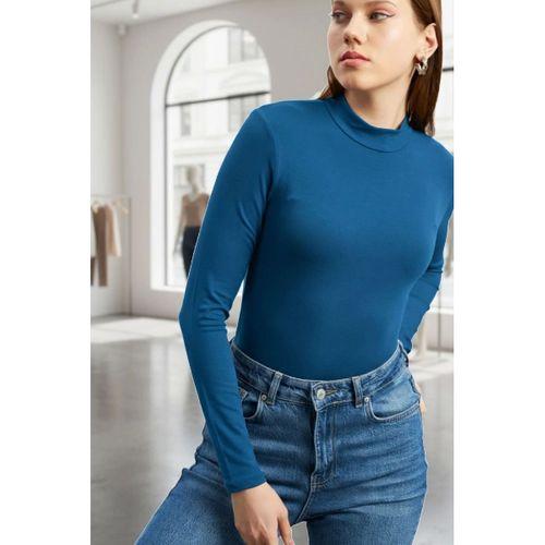 Kadın Mavi Parmak Geçmeli Uzun Kollu Body Esnek Fit Bluz