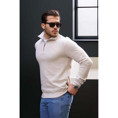 Selanik Örme Kumaş Yarım Fermuar Erkek Sweatshirt - Taş