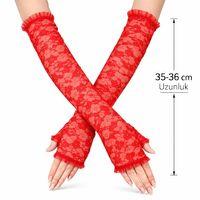 Uzun Zarif Dantel Eldiven Parmaksız Kırmızı