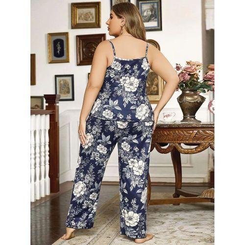 Büyük Beden Çiçek Desenli İnce Askılı Lacivert 2'li Takım