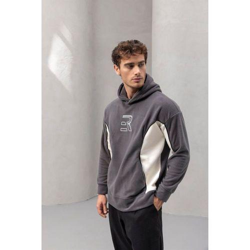 Frank Parçalı Kontrast Desenli Kapüşonlu Oversize Cepli Polar Erkek Sweatshirt - Füme