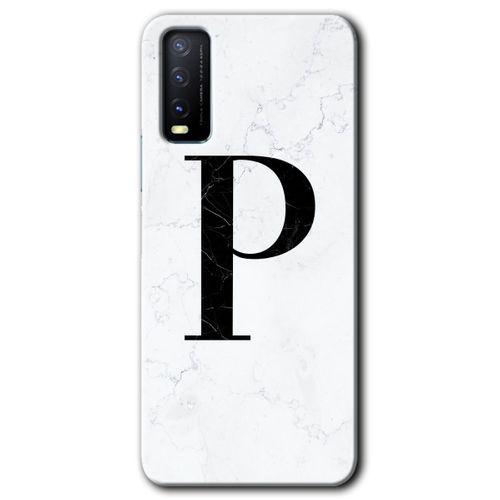 Vivo Y20s HD Baskılı Kılıf + 9D Tam Ekran Koruyucu - Beyaz Mermer Desenli P Harfi