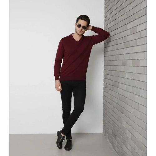 Erkek V Yaka Triko Kazak Yumuşak Dokulu Pamuklu Ince Dokuma, Uzun Kollu Rahat Regular Kalıp - Bordo