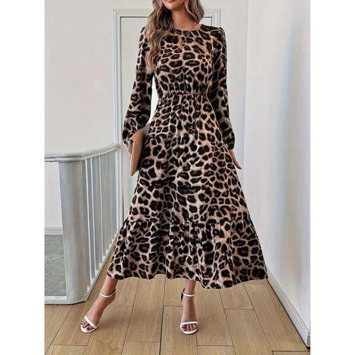 Uzun Kollu Bisiklet Yaka Leopar Desenli Midi Süprem Elbise