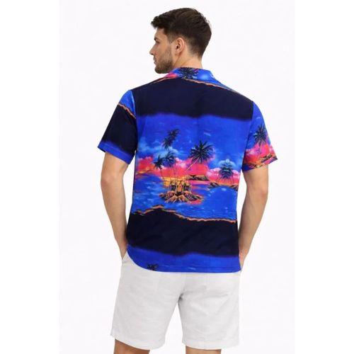 Erkek Tropikal Ada Manzara Desenli Kısa Kol Gömlek Hawaii Tarz Yazlık Rahat Kalıp - Desenli