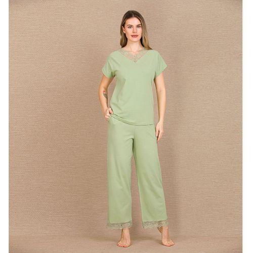 Pamuklu Şık Tasarım Dantel İşlemeli Yeşil Kısa Kol Pijama Takımı