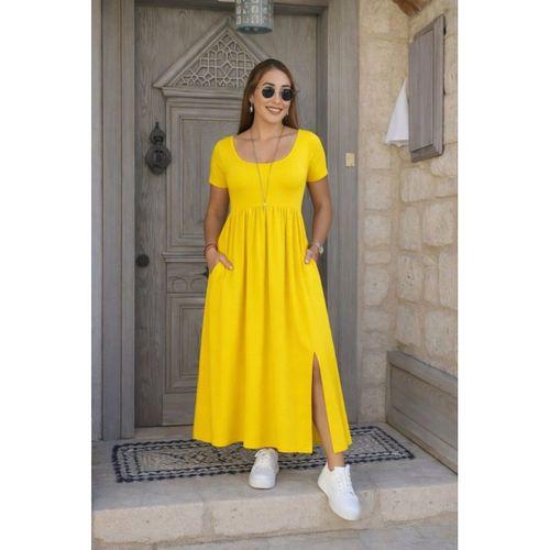 Kadın Kısa Kollu Yuvarlak Yaka önden Yırtmaçlı Cepli Viskon Uzun Elbise