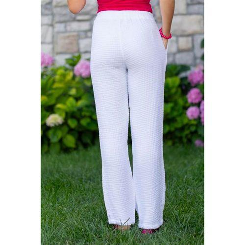 Beli Lastikli Multi Çift Cepli Müslin Kadın/Erkek Unisex Yazlık Pantolon Beyaz Byz