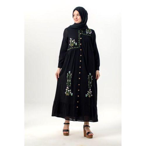 Uzun Kol Neşe Nakış Detaylı Boydan Düğmeli Yazlık Şile Bezi Uzun Elbise Siyah Syh