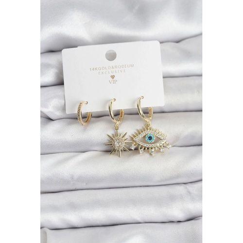 Göz Model Gold Renk Pirinç 3'lü Kadın Küpe Seti
